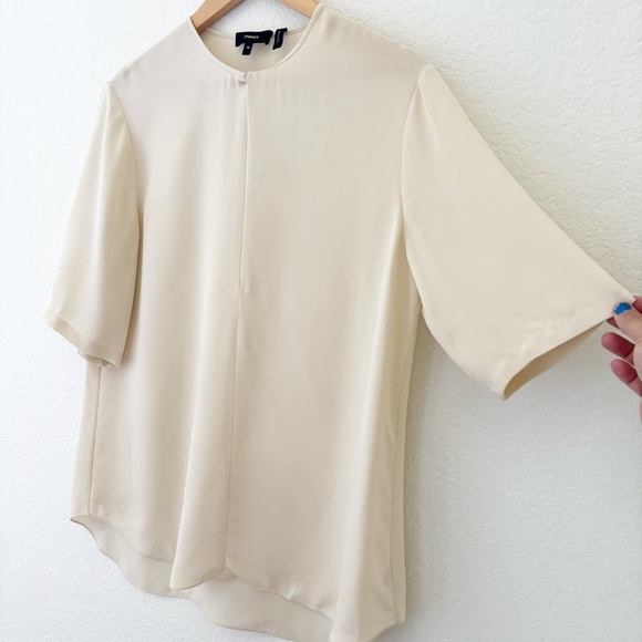 Theory Antazie Summer Silk Ivory Off White Short Sleeve Split Neck Blouse Size M - Picture 3 of 8